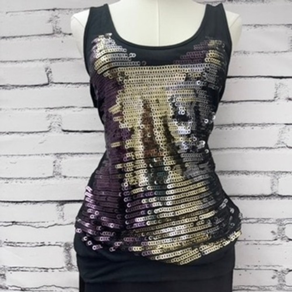 Studio Y Womens Black Sequin Tank Top Gold Silver Purple Scoop Neck Size M